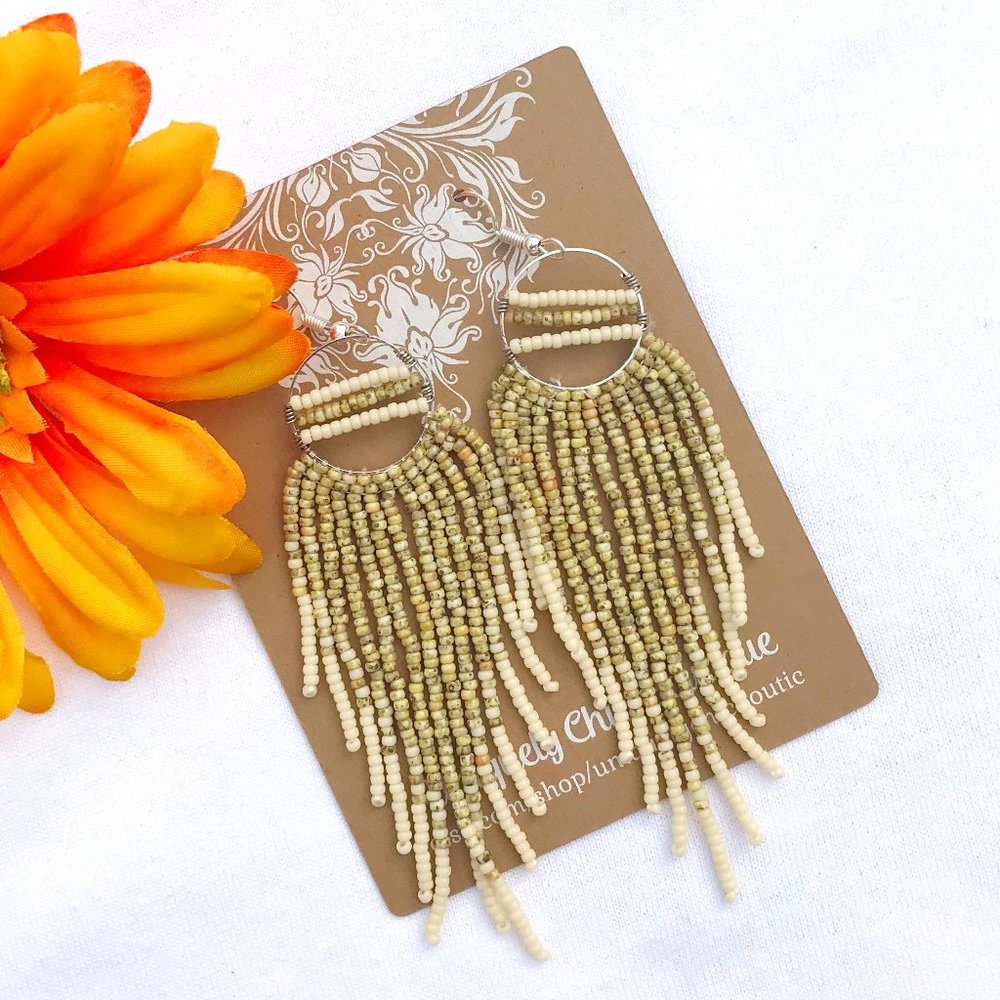 Fringe Earrings Boho Dusters Southwest Western Dangles Hand Beaded Silver Hoops